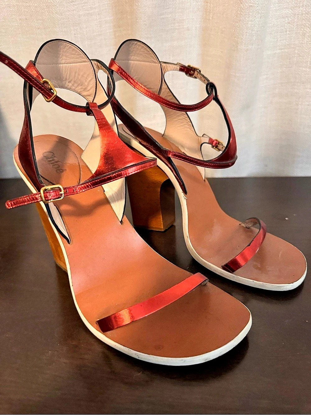 Chloé Red & Brown Strappy Platform Heels US 10